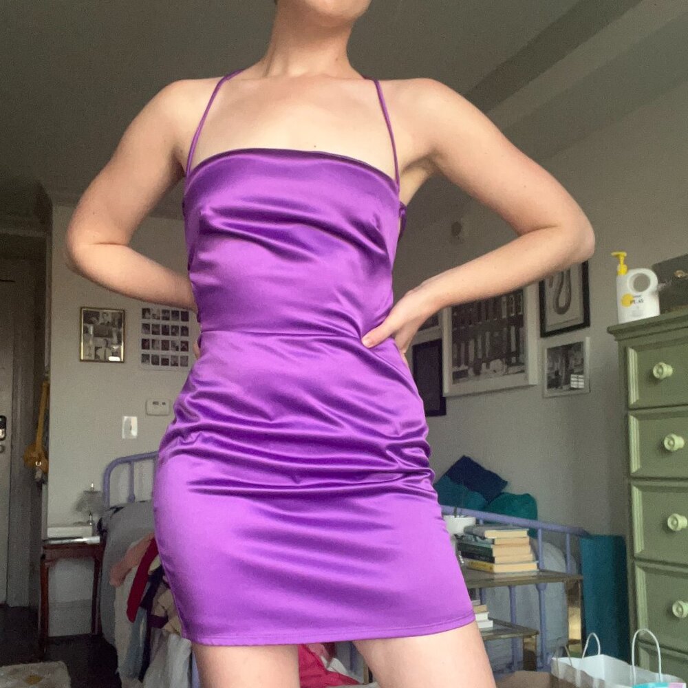 Purple Lucy in the Sky lace up satiny dress